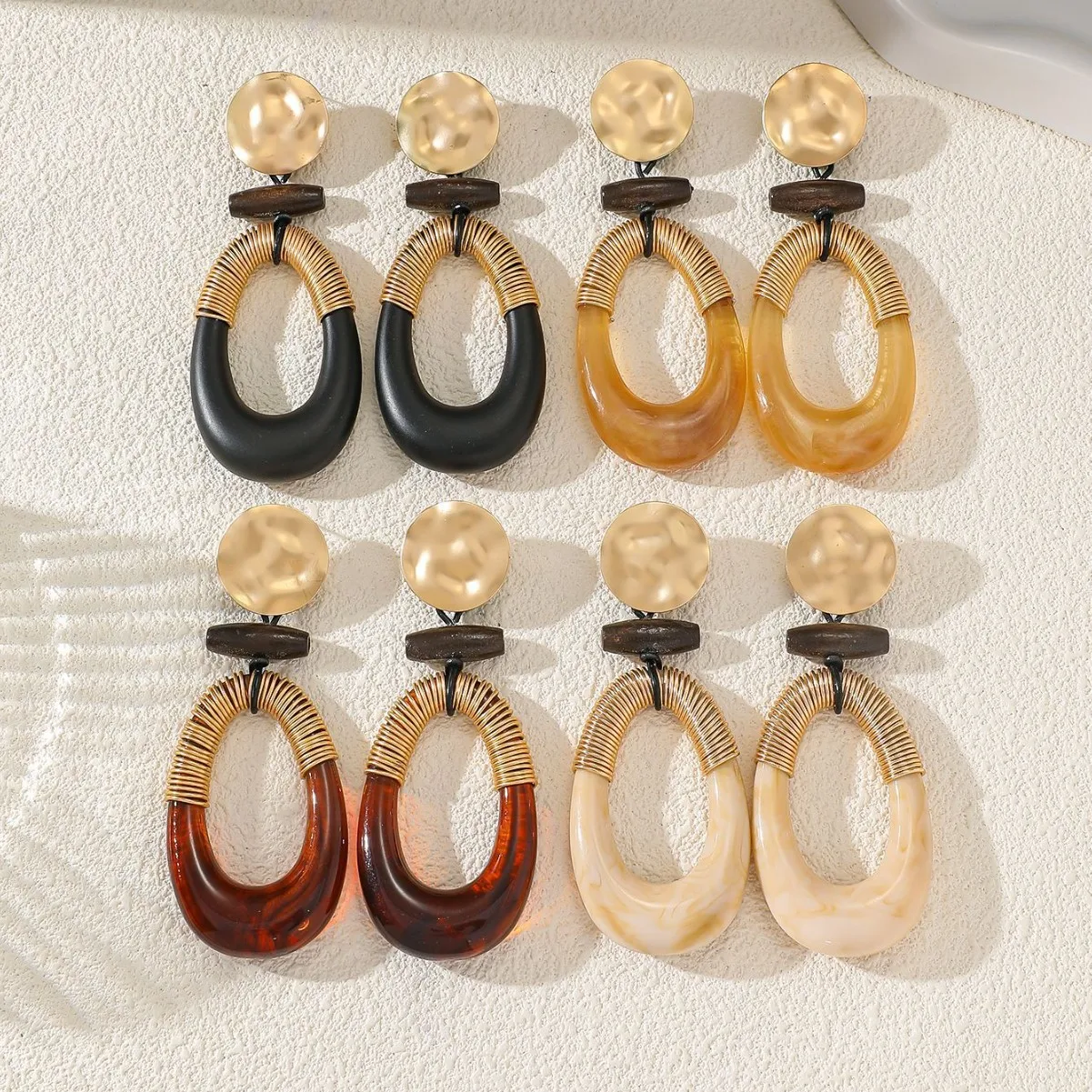 Coffee retro resin geometric earrings women's niche light luxury high-end hand-wound oval exaggerated earrings
