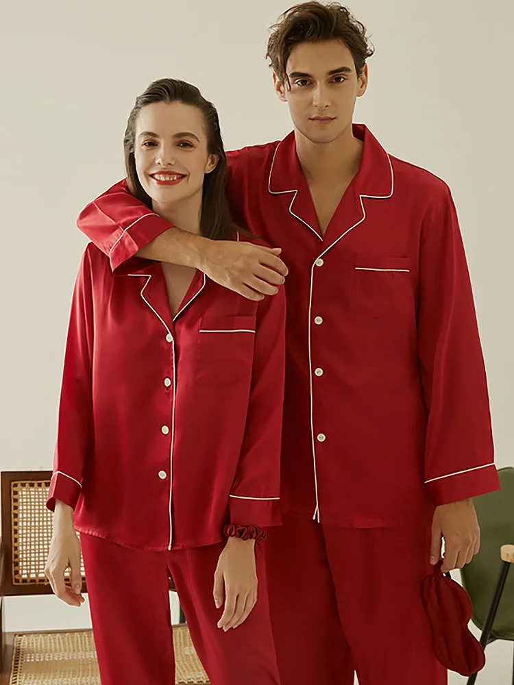 

100%Silk Pajama Sets For Women Men Spring Autumn Luxury Red Sleepwear Wedding Valentine's Day Gift Full Sleeve Couple Loungewear