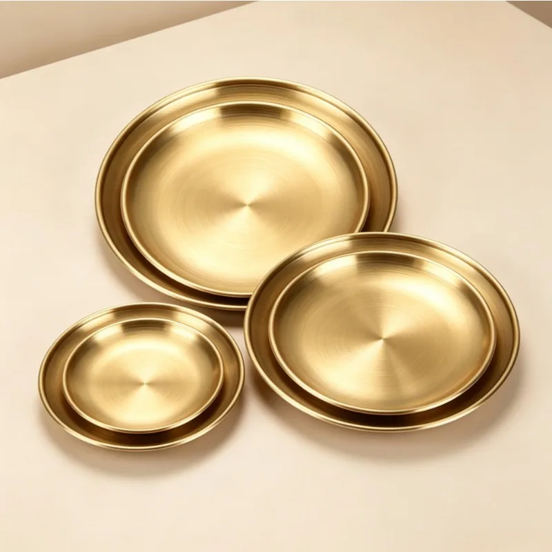 3pcs Gold/Silver Shallow Tray Bone Spitting Dish Fruit Meat Metal Dining Disc Round plates for Picnic,Outdoor Camping