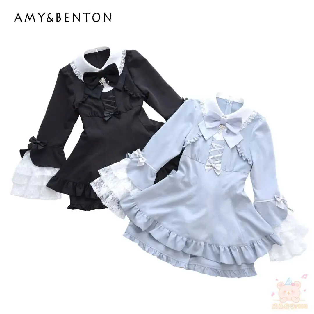 

Japanese-style SC Outfits Cute Bow Ties Bell Sleeves Slim Mini Dress Lolita Mine Series Mass-produced Dress Shorts Two Piece Set