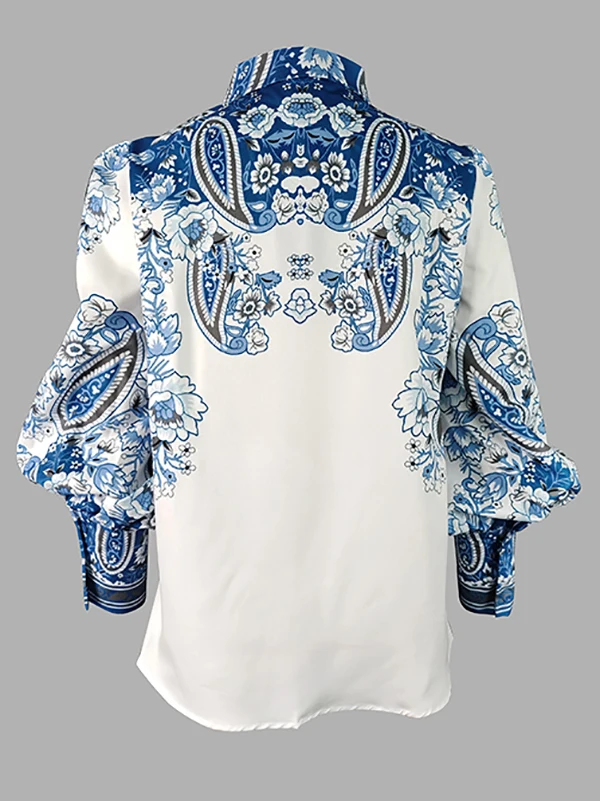 Modigirl 2025 New Women\'s Vintage Blouses Shirts Blue Floral Printed Lapel Summer Elegant Puff Sleeves Casual Office Shirts Tops