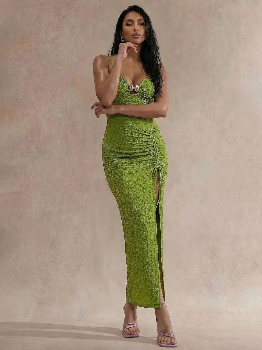 

Lime Green Bandeau Maxi Dress With Front Slit And Drawstring Women Summer Resort Wear