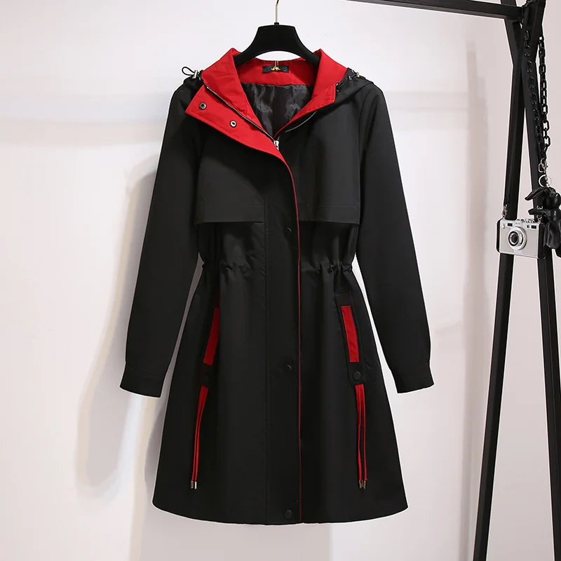 Oversize 6XL Women Windbreaker Hoodies Long Trench Coat Casual Tops Female Spliced Colour Zip-up Loose Outerwear Spring Autumn