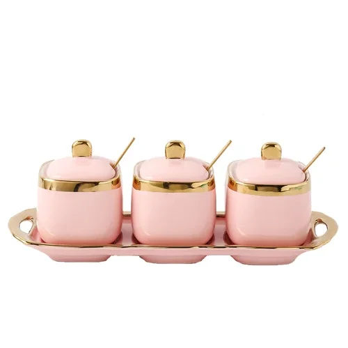 

Nordic Light Pink Golden Rim Ceramics Sugar Bowl Salt Shaker Seasoning Tank Castor Seasoning Bowl Three-piece Suit Ceramic Jar