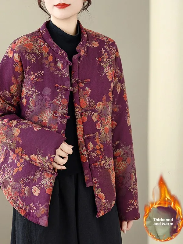 

Thiened Cotton Jaet Women's Winter Coat Warmth Printed Cotton Linen Large Size Mom Zen Sle Outerwear Retro Sle Commute