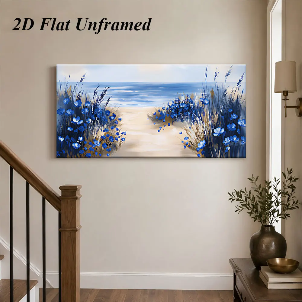 1 piece of seaside blue flower frameless decorative painting, fresh natural landscape decorative painting, 2D plan
