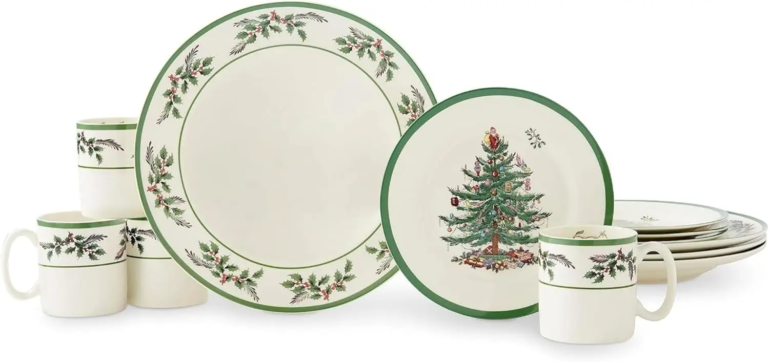 

Spode Christmas Tree 12-Piece Dinnerware Set (Service for 4) - Festive Holiday Tableware with Plates & Mugs - Fine Earthenware C