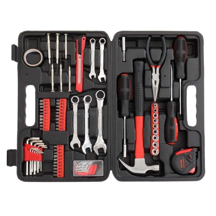 

148Pcs Iron Household Tool Set for Home Repair and DIY Projects, Red Color, Durable Rust-Resistant Tools with Ergonomic Handles