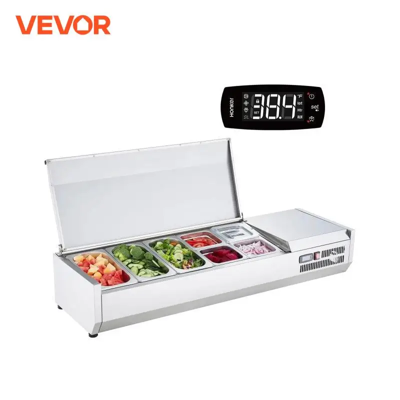 VEVOR Refrigerated Condiment Prep Station 140W with 3 1/3 Pans&4 1/6 Pans 304 Stainless Body and PC Lid with Stainless Guard ETL