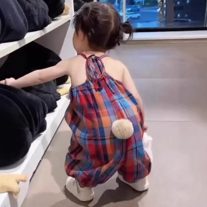 2026 Baby Girls Summer Pants Cute Pom-Pom Tail Plaid Overalls Pants Onesies Fashion Kids Children Casual Wear Clothes Trousers
