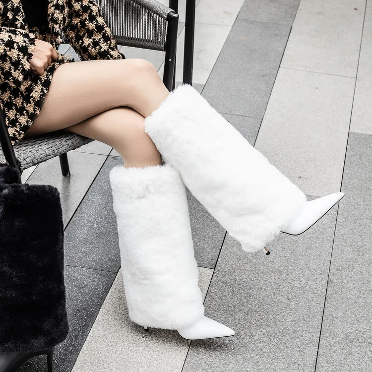 Winter Pink Black White Curly Fur Knee High Boots Stiletto High Heel Pointed Toe Women Slip On fluffy Fur Tube Long Boots Shoes