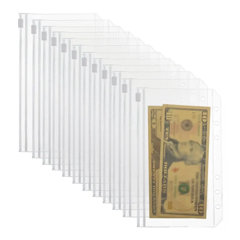 20Pcs A6 Binder Pockets Transparent Waterproof PVC 6-Hole Binder Pockets Zip Folder Plastic Money Collection of Banknotes