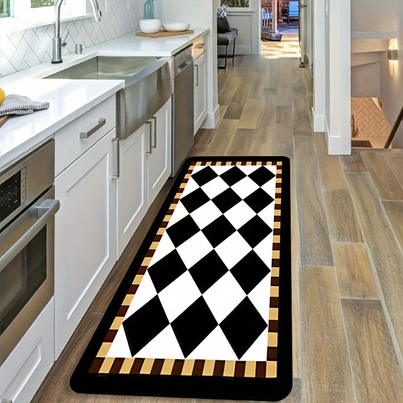 Vintage Black White Diamond Checkered Runner Floor Mat  Brown Gold Striped Border Retro Farmhouse Kitchen Front Door  Rug