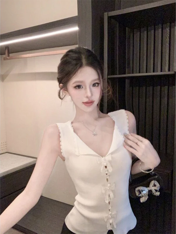 Sweet Girl Waist-Cinching Slimming Sleeveless Top Women's Summer Design  Knot Decoration Delicate Vest Top