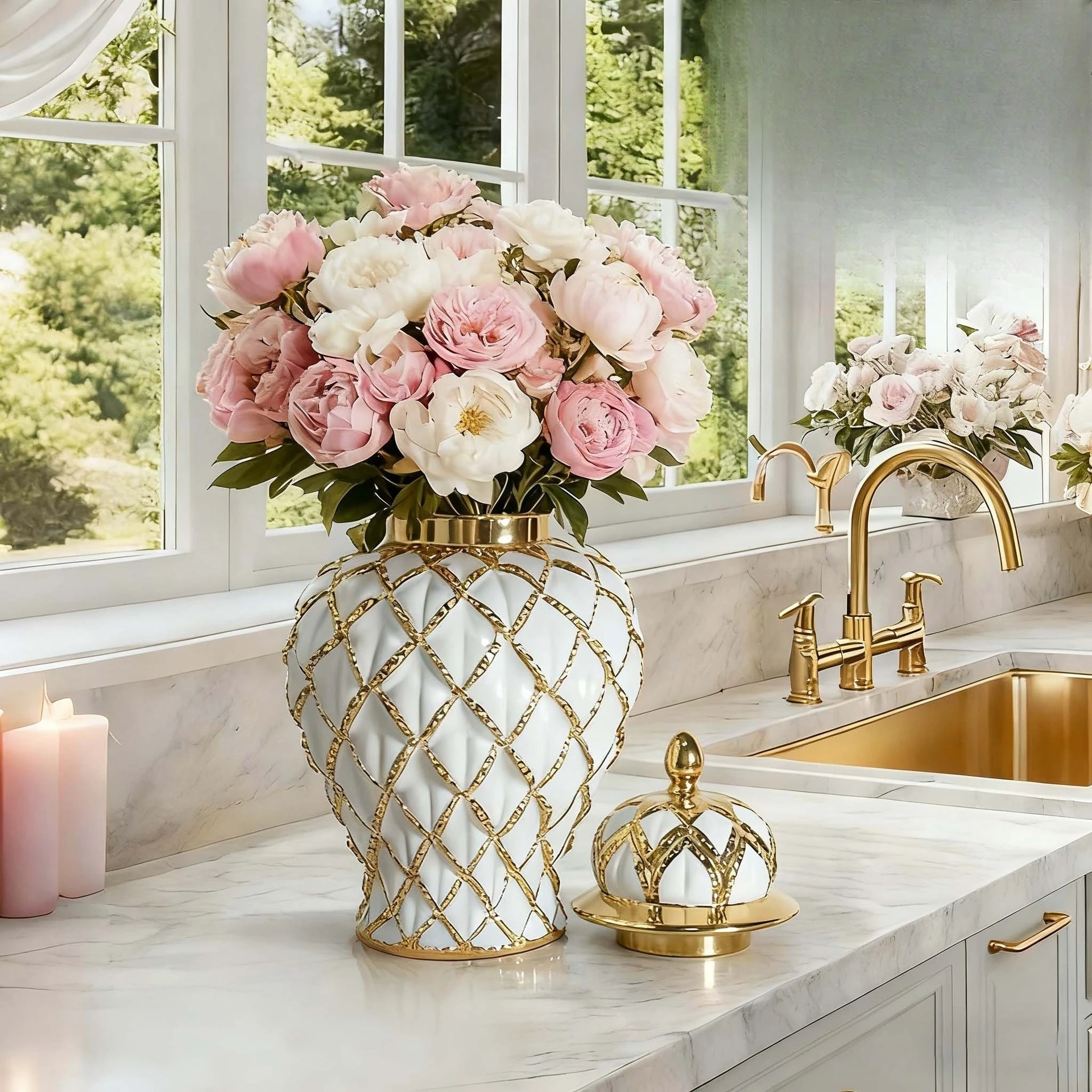 Electroplated ceramics advanced simulation large decorative vase decoration flower arrangement handicraft flower device