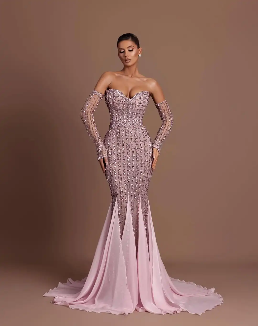 Luxe trend zeemeermin off-shoulder kristal kralen pure mouw chiffon ruches vloerlengte slanke avond prom formele feestjurk