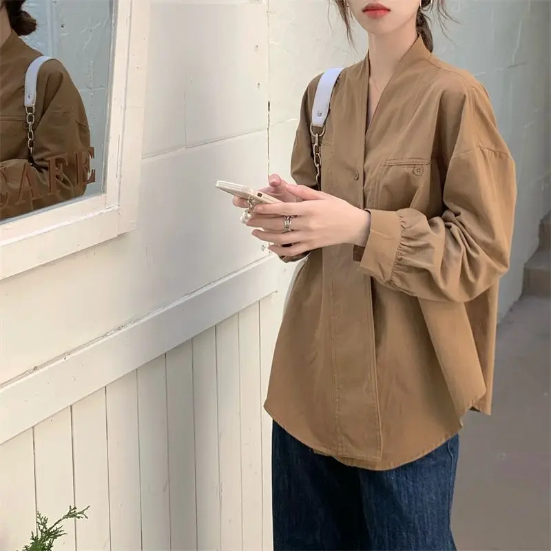 shirts Women French Style Asymmetrical Design V-neck Simple Solid Casual Streetwear Loose Daily All-match Elegant Trendy Spring