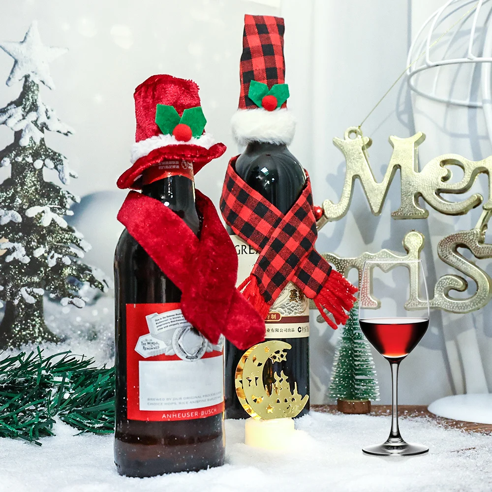 5/1Sets Christmas Wine Bottle Cover Scarf Hat Sets Santa Claus Wine Bottle Decors Xmas New Year Dinner Table Decoration Gifts