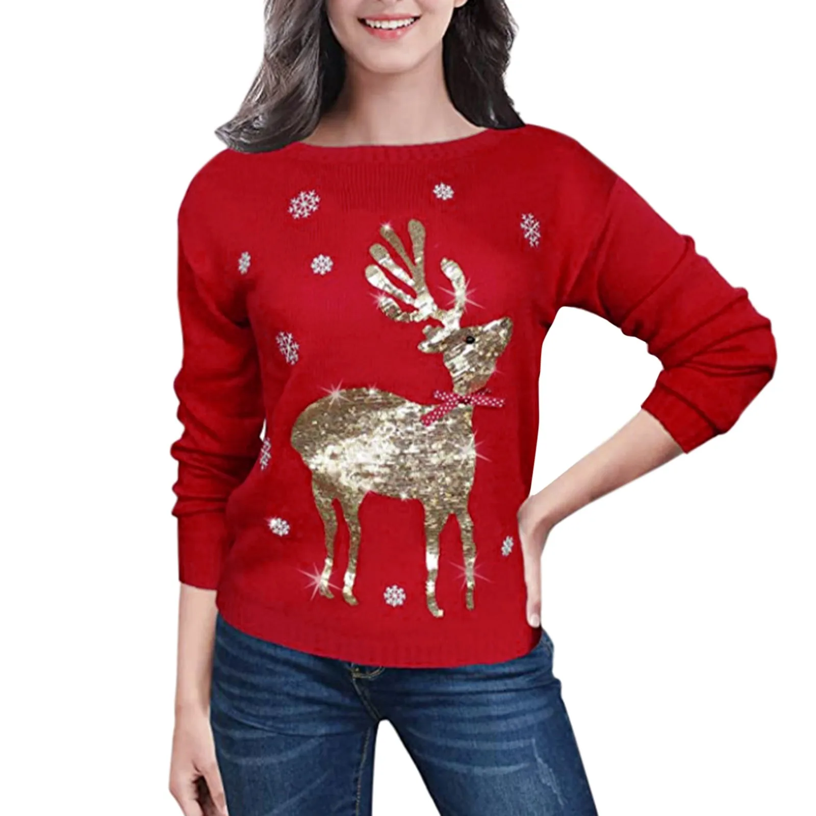 

Winter Christmas Sweater Vintage Elegant Tops Ladies Round Neck Elk Animal Snow Printed Long Sleeve Street Fashion Sweater