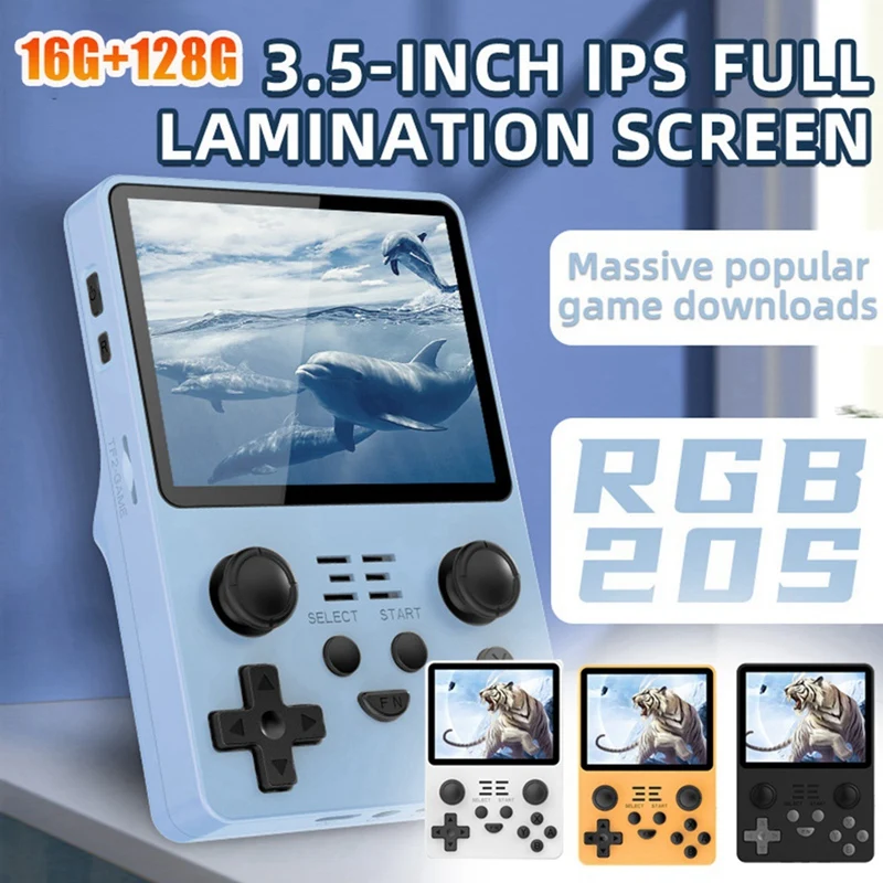 RGB20S Retro Game Console Handheld Video Game Console Easy To Use 16G+128G 3.5 Inch IPS Screen Open Source System (Blue)