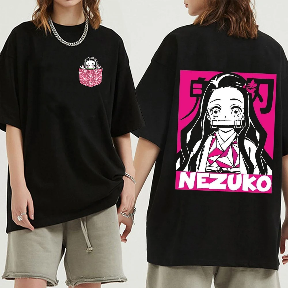 เสื้อยืดพิมพ์ลายอนิเมะ kamado nezuko ของผู้หญิงเสื้อยืดลำลองคอกลมเย็นสำหรับผู้ชายแขนสั้นฤดูร้อน