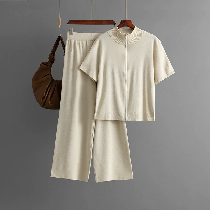 

Women's fashion semi high neck solid color short sleeved zipper set+wide leg pants two-piece set