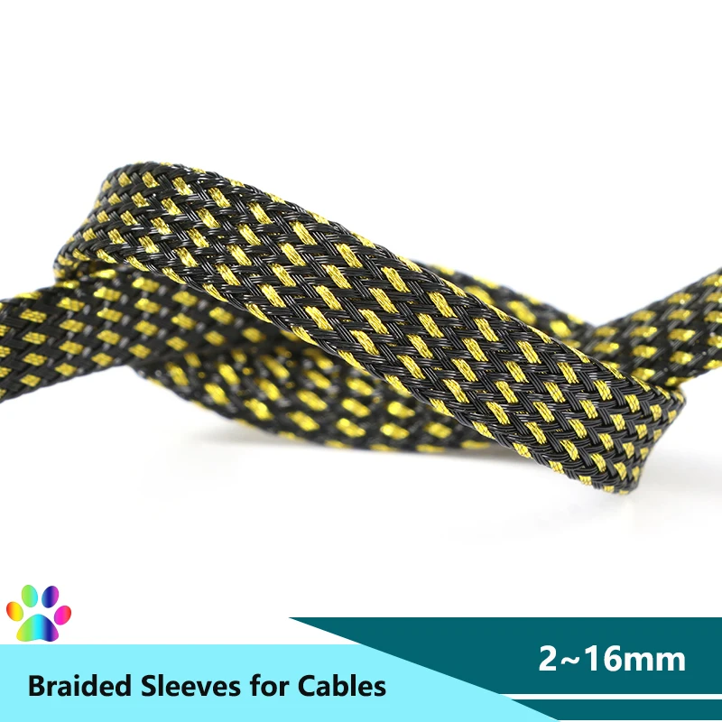 Black Gold PET Braid Sleeve 2/4/6/8/10/12/14/16mm High Density Cable Protector Snake Skin Wrap Case Wire Sleeving Sheath