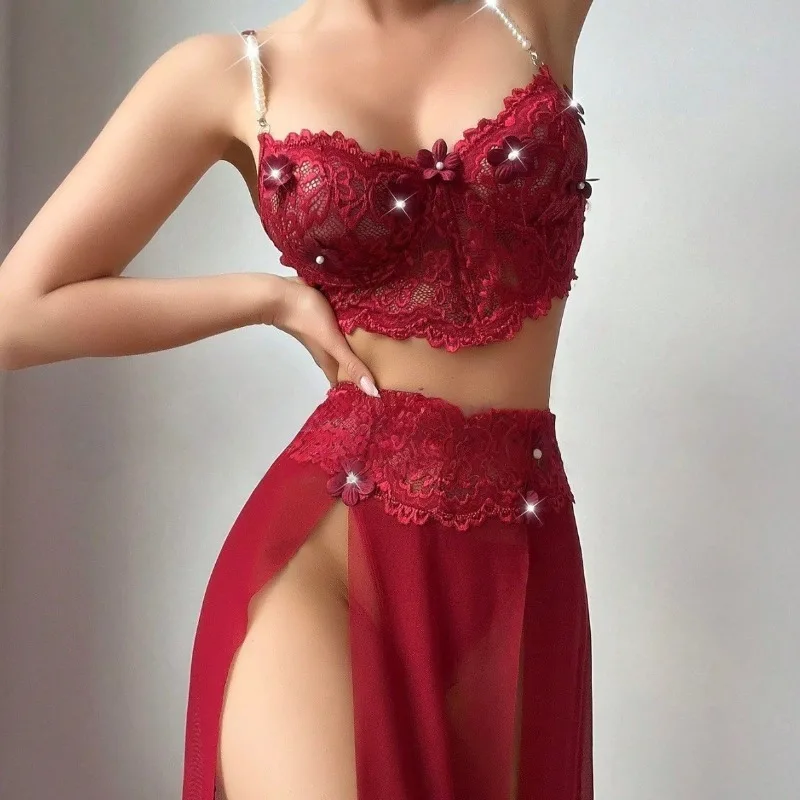 

Сексуальный пижамный комплект для женщин - легкая юбка с высоким разрезом из двух частей, сексуальный костюм, женские рубашки, нижнее белье, ночные рубашки, одежда