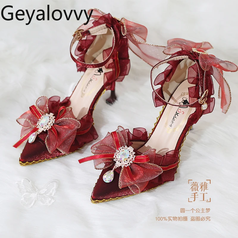 Элегантные бордовые милые туфли в стиле Лолиты для девочек с бантом в стиле принцессы, универсальные повседневные великолепные свадебные туфли на каблуке Элегантные бордовые милые туфли в стиле Лолиты для девочек с бантом в стиле принцессы, универсальные повседневные великолепные свадебные туфли на каблуке
