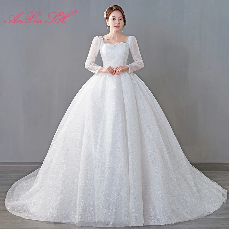 AnXin SH – robe de mariée princesse en dentelle blanche, vintage, tenue de bal avec perles, à manches longues