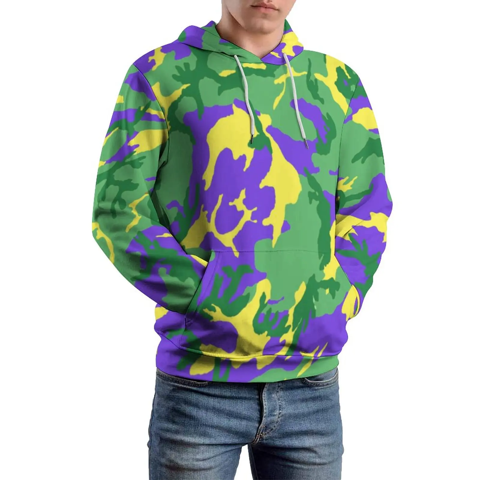 Mardi Gras Camo Loose Hoodies Colorful Camouflage Trendy Pullover Hoodie Men Long-Sleeve Oversized Streetwear Hooded Sweatshirts