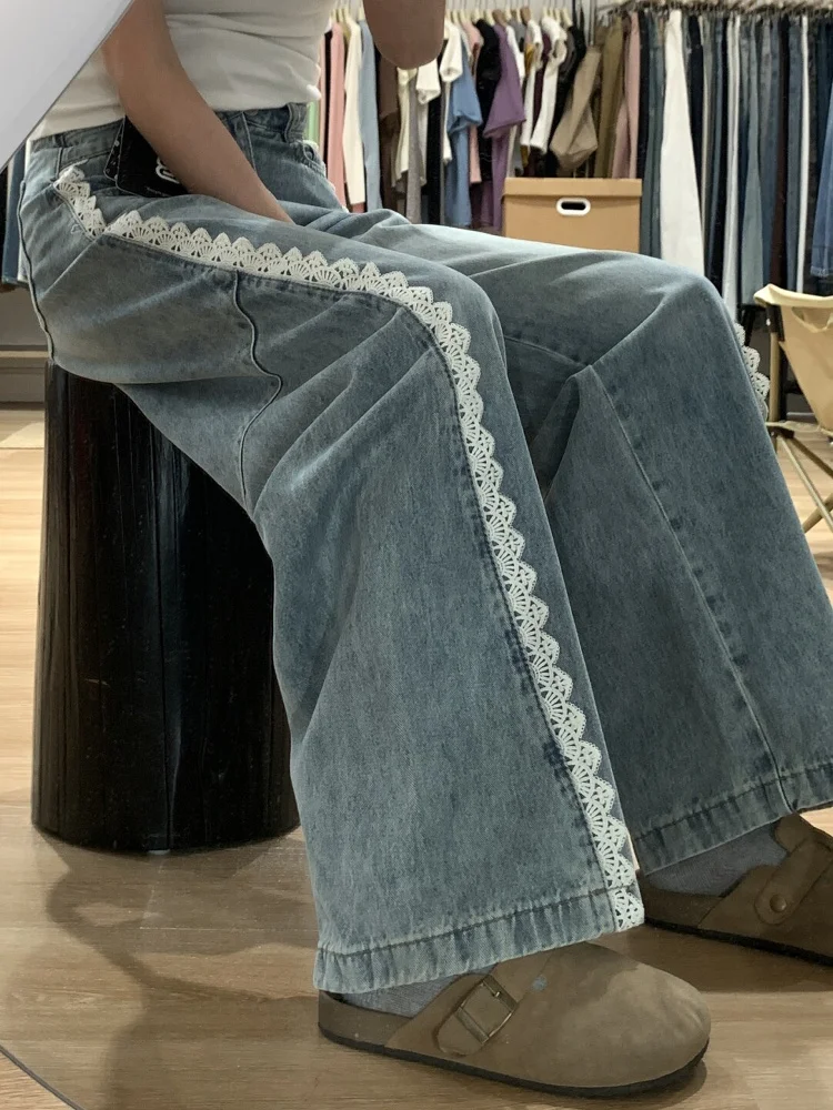 

Широкие джинсы с кружевной отделкой в стиле ретро, джинсы с высокой талией, прямой крой, брюки с ножом, женские летние повседневные брюки с высокой талией длиной до пола