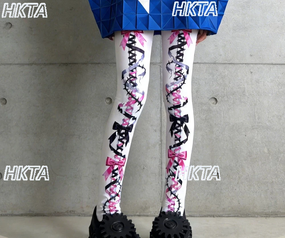 Subculture Personality Y2K Bow Print Lolita Pantyhose Girl Dark Goth Punk 2026 Spring Summer New Velvet Thigh High Socks Women