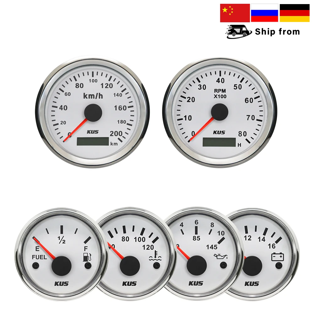 KUS 85mm 0-200km/h GPS Speedometer +Tachometer + 52mm Water Temp Oil Pressure Fuel Level Voltmeter with Red Yellow Backlight