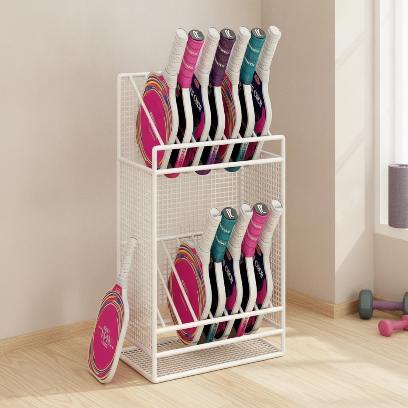 Pickleball Paddle Rack Metal Pickleball Paddle Holder Sports Gear Organizer Freestanding Storage System Floor-Standing