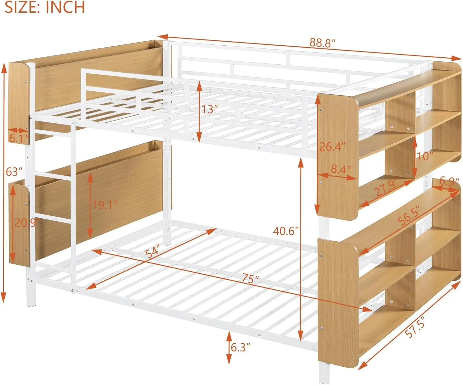 Full Over Full Bunk Bed with Storage Shelves and Guardrail, Heavy Duty Metal Bed Frame with Headboard and Ladder,