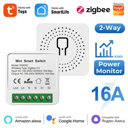 Tuya Zigbee / WiFi MiNi Smart Switch With Power Monitor 16A 2-way Control Timer Breaker Relay Work With Alexa Google Home Alice