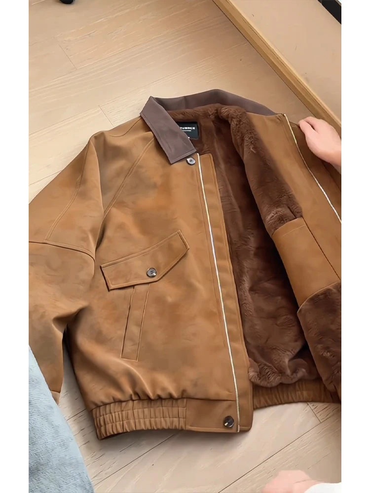 

Men's Winter Thiened Fce Lined Leather Jaet Stand Collar Motorcycle Sle Retro American Cotton Workwear Coat