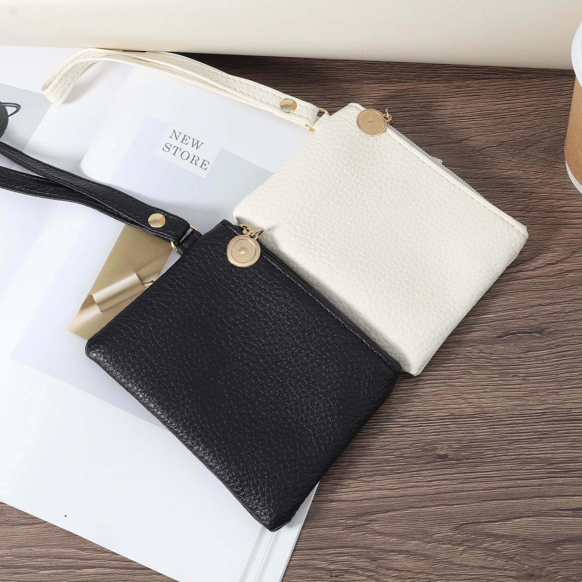 Fashionable solid color handbag, stylish large capacity wallet, women's multi-functional zipper handbag with wrist strap