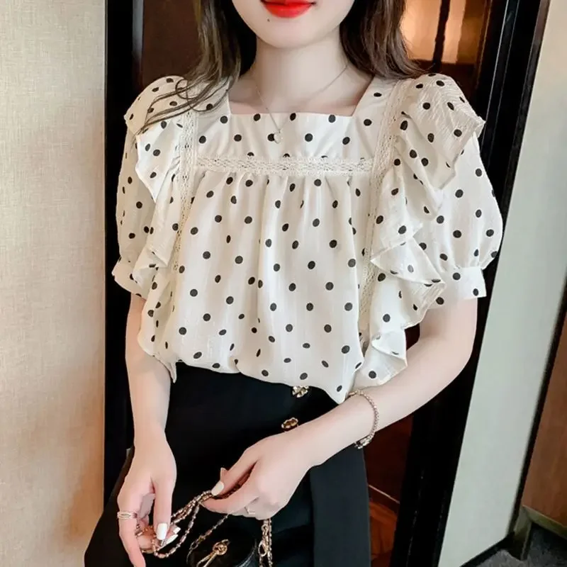 Com manga curta camisas e blusas brancas para mulheres verão folho chiffon pontos mulher topo plissado xxl premium y2k moda 2024