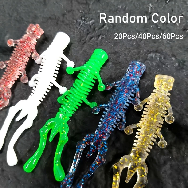 20/40/60Pcs Random Color Fishing Lures Scented Freshwater Bass Tackle Multi Leg Creature Soft Lure Spiral Ribbed Soft Worm