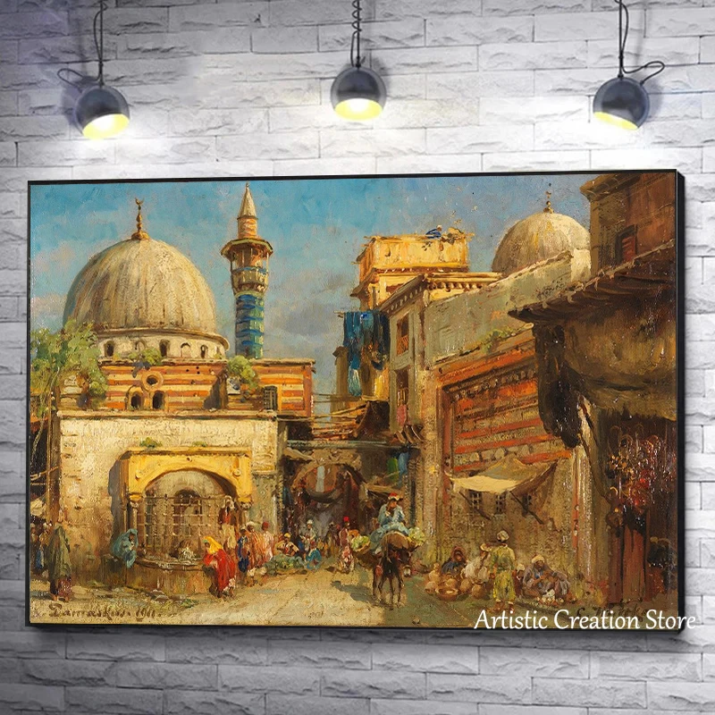 Vintage Arab Syria Middle Eastern Art Market In Damascus Poster Mosque Print Canvas Wall Art Pictures for Living Room Home Decor