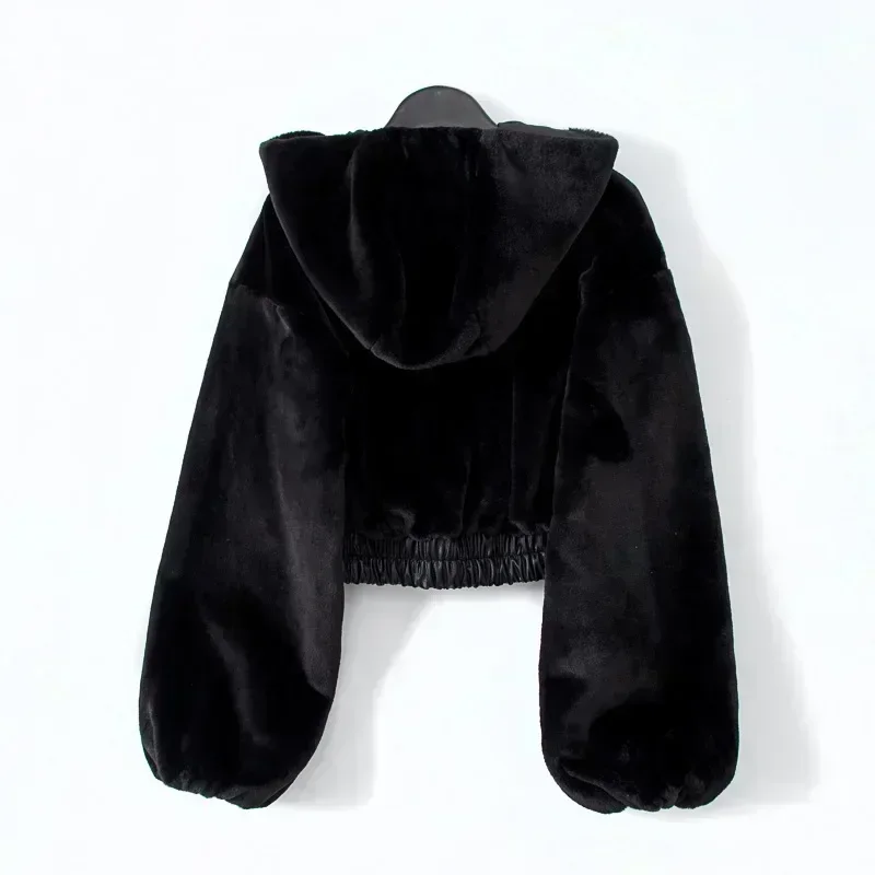 Autumn Winter Faux Rabbit Fur Bomber Teddy Coat Zipper Streetwear High Waist Furry Hooded Plush Jacket Cardigan Fleece Parkas view 3