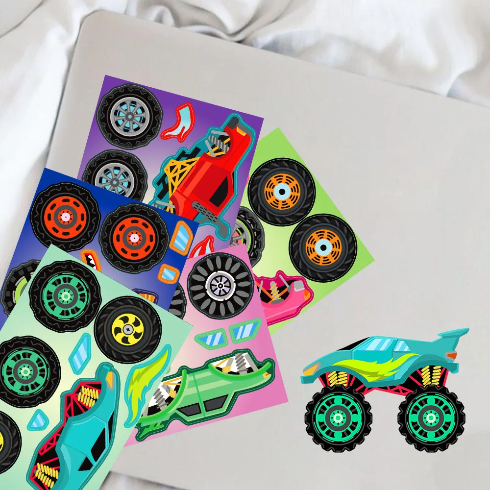 8Sheets Children DIY Puzzle Sticker Games Cartoon Monster Truck Make A Face Assemble Jigsaw Stickers Kids Educational Toys