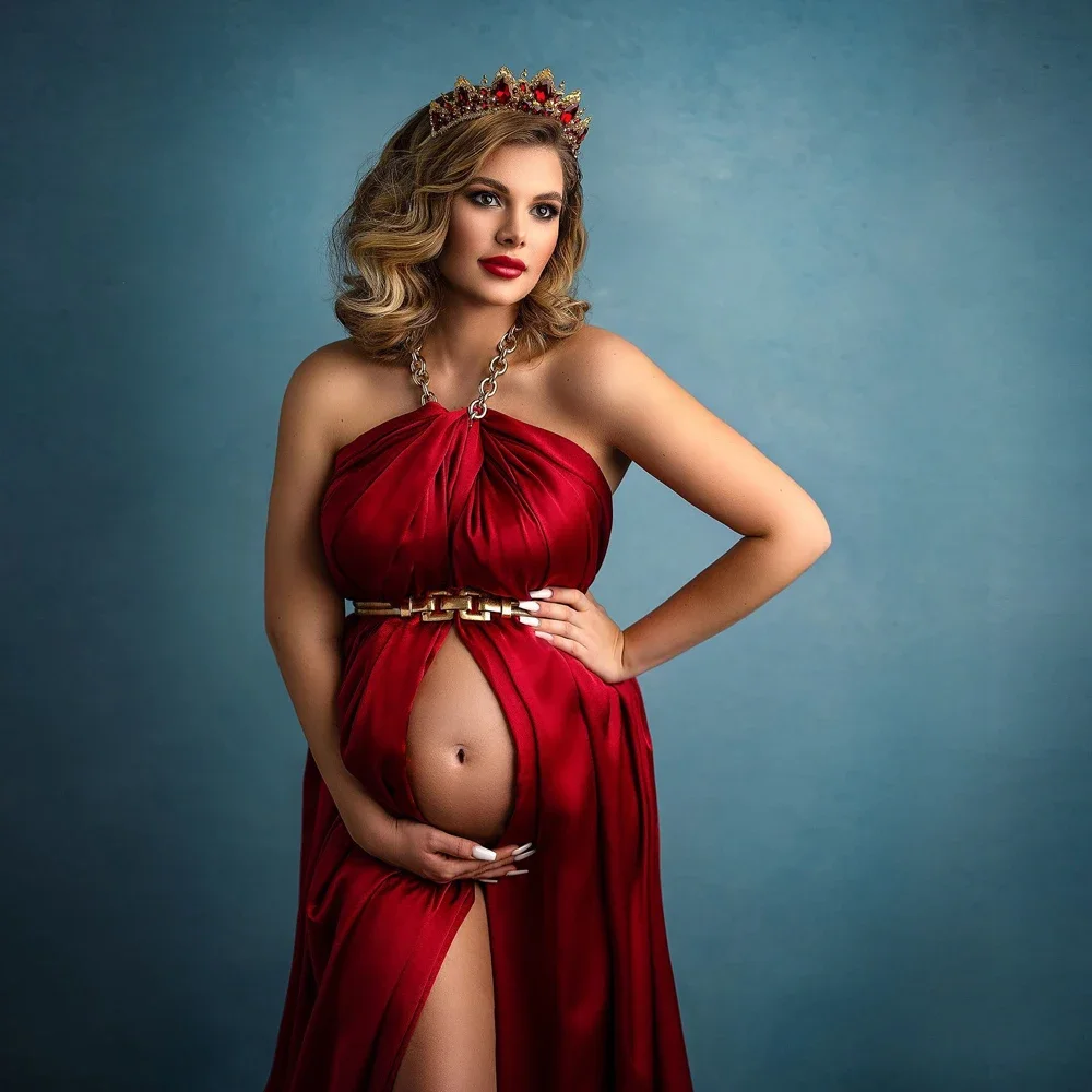 Sexy Elegant Maternity Photography Prop Dress Red Satin Design Crown For Pregnancy Photo Shooting Gowns Women Dresses