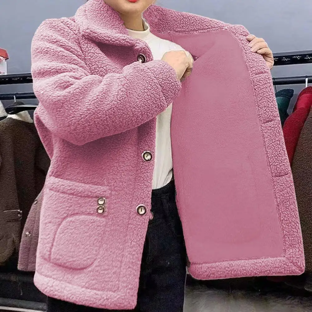 Weather Coat Cozy Winter Fleece Coat with Side Pockets Turn-down Collar Coldproof Outwear Jacket for Women Stylish Long Sleeves