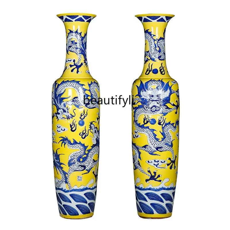 

Jingdezhen Ceramic Floor Vase Carved Hand Painted Dragon Pattern Home Living Room Lobby Hotel Ornaments