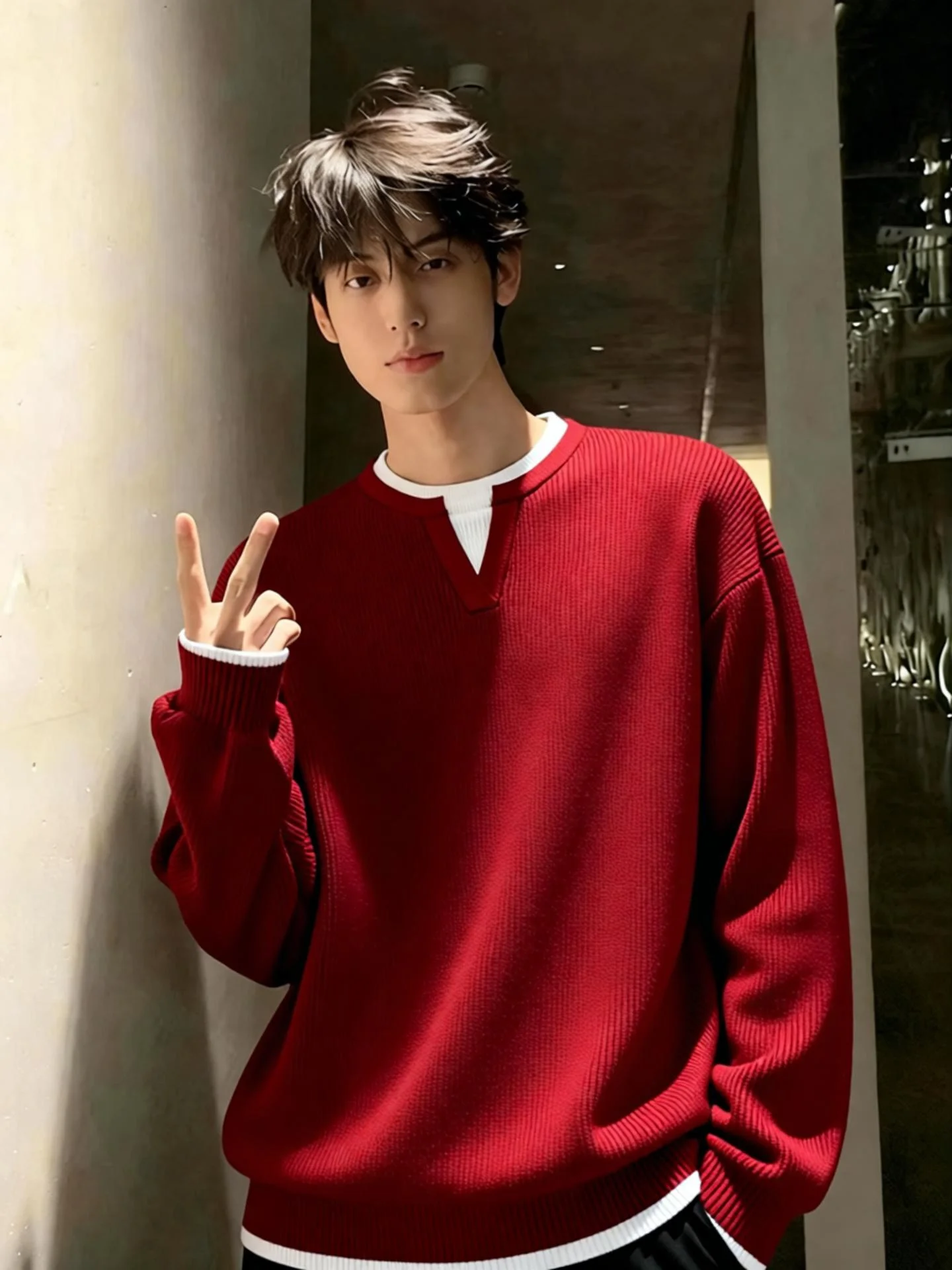 

Cisas Men's Knitted Sweater Red Festive Winter Faion Inner Wear Base Layer Casual Sle V-Ne Long Sve Regular Fit