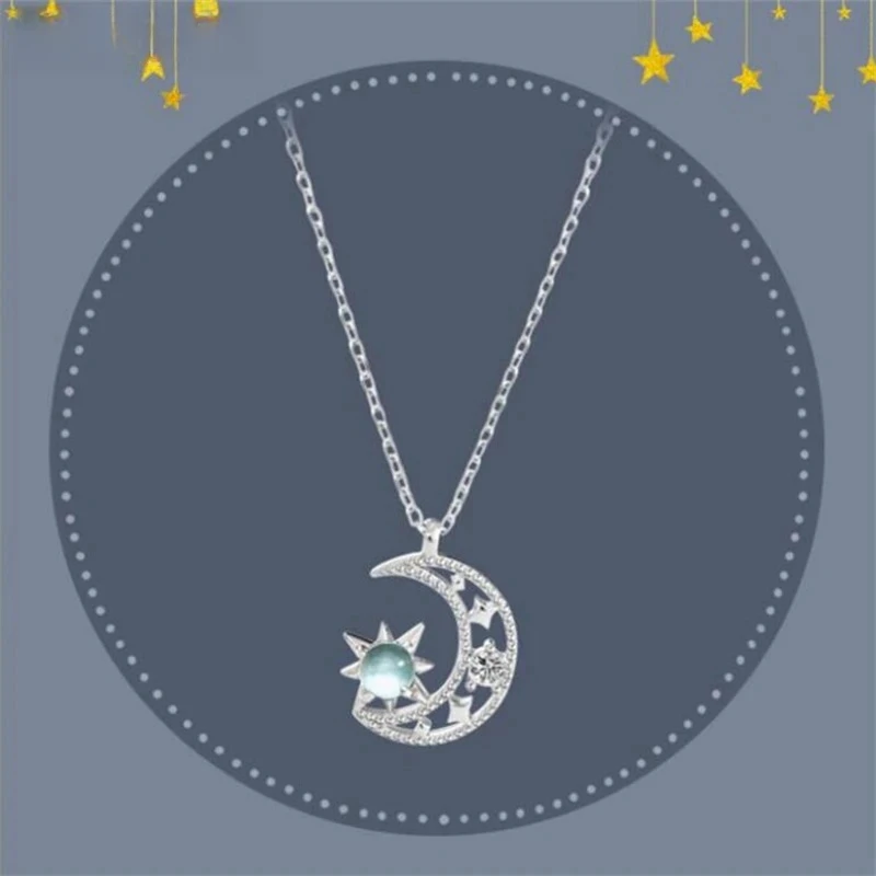 UiniTail Hot Selling New 925 Tibetan Silver Fashion Temperament Blue Moonlight Diamond Moon Star Necklace Exquisite Versatile