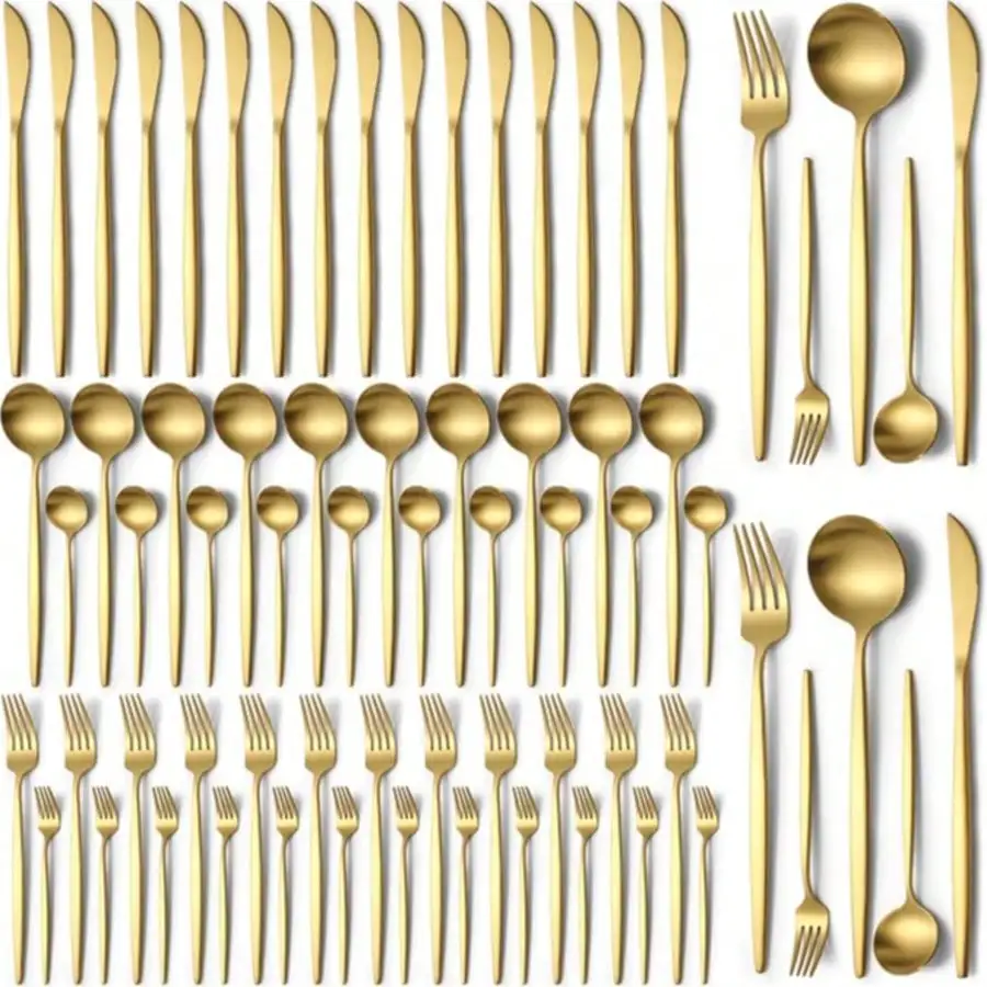 

60 Pack Gold Stainless Steel Cutlery Set 410 Portugal Western Style 12 Place Settings Knives Forks Spoons Mirror Polished Silverware for Weddings Parties Gatherings